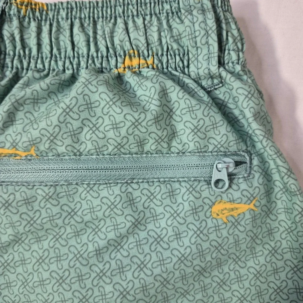 AFTCO Swim Trunks Mens Small Green Fish Print Board‎ Shorts Fishing Wear